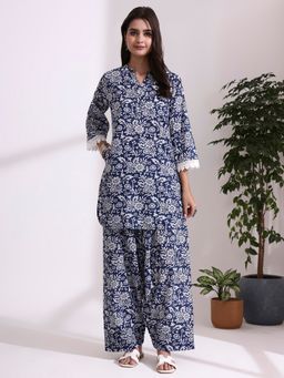 Jaipur Kurti - Indigo Floral Printed Straight Kurta and Patiala Pant