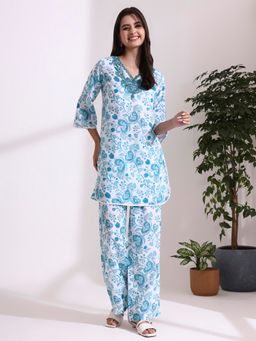 Jaipur Kurti - Blue Floral Embroidered Cotton Blend Kurta and Pant