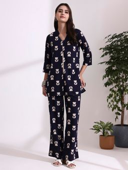 Jaipur Kurti - Navy Blue Straight Pure Cotton Co-Ord Set