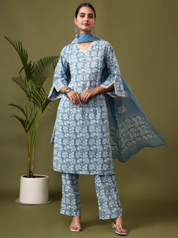 Jaipur Kurti - Blue Floral Printed Straight Kurta with Pant and Dupatta