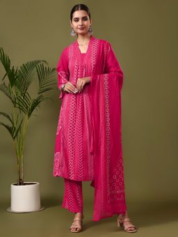 Jaipur Kurti - Pink Bandhani Embroidered Pure Cotton Kurta with Pant and Dupatta