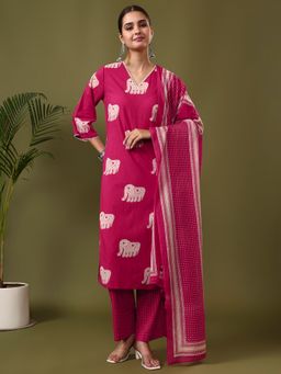 Jaipur Kurti - Pink Animal Embroidered Kurta with Pant and Dupatta