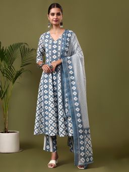 Jaipur Kurti - Blue Floral Embroidered A-Line Pure Cotton Kurta with Pant and Dupatta