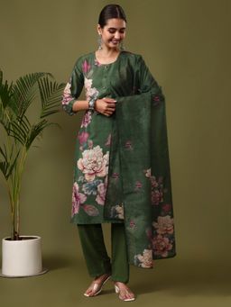 Jaipur Kurti - Green Floral Embroidered Straight Kurta with Pant and Dupatta
