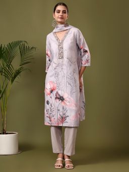 Jaipur Kurti - Grey Floral Embroidered Straight Kurta with Pant and Dupatta