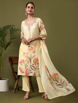 Jaipur Kurti - Yellow Floral Embroidered Straight Kurta with Pant and Dupatta
