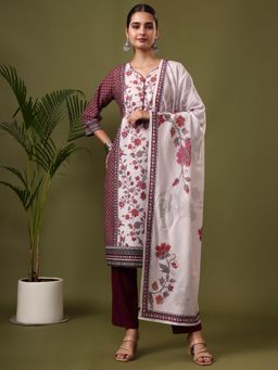 Jaipur Kurti - Maroon Floral Printed Straight Kurta with Pant and Dupatta