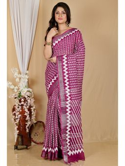 DipDiya - Purple Cotton Traditional Bengali Batik Print Saree with Unstitched Blouse