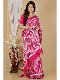 DipDiya - Pink Cotton Traditional Bengali Batik Print Saree with Unstitched Blouse