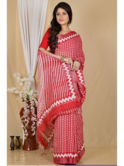 DipDiya - Red Cotton Traditional Bengali Batik Print Saree with Unstitched Blouse