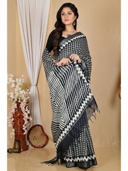 DipDiya - Black Cotton Traditional Bengali Batik Print Saree with Unstitched Blouse