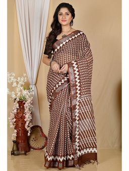 DipDiya - Brown Cotton Traditional Bengali Batik Print Saree with Unstitched Blouse