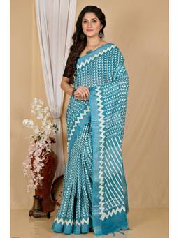 DipDiya - See Blue Cotton Traditional Bengali Batik Print Saree with Unstitched Blouse