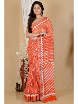 DipDiya - Orange Cotton Traditional Bengali Batik Print Saree with Unstitched Blouse