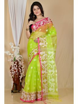 DipDiya - Green Cotton Traditional Bengali Muslin Saree with Unstitched Blouse