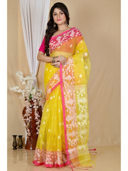DipDiya - Yellow Cotton Traditional Bengali Muslin Saree with Unstitched Blouse