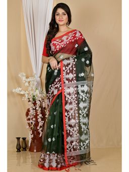 DipDiya - Bottle Green Cotton Traditional Bengali Muslin Saree with Unstitched Blouse