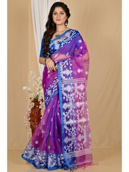 DipDiya - Purple Cotton Traditional Bengali Muslin Saree with Unstitched Blouse