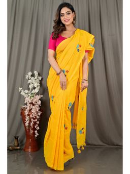 DipDiya - Yellow Pure Cotton Embroidery Handloom Saree with Unstitched Blouse