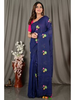DipDiya - Navy Blue Pure Cotton Embroidery Handloom Saree with Unstitched Blouse