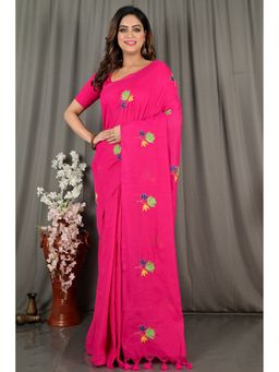 DipDiya - Pink Pure Cotton Embroidery Handloom Saree with Unstitched Blouse