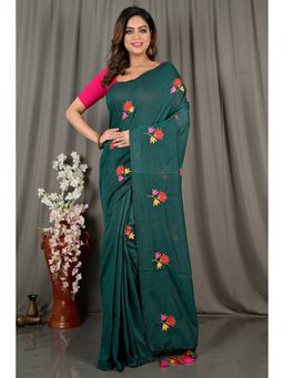DipDiya - Dark Green Pure Cotton Embroidery Handloom Saree with Unstitched Blouse