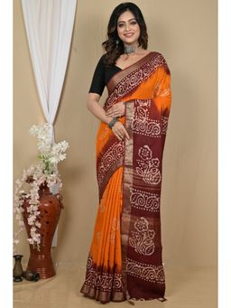 DipDiya - Batikato Yellow Pure Cotton Batik Print Saree with Unstitched Blouse