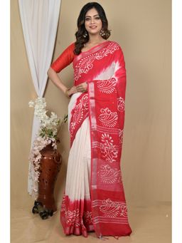 DipDiya - Batikato White Pure Cotton Batik Print Saree with Unstitched Blouse
