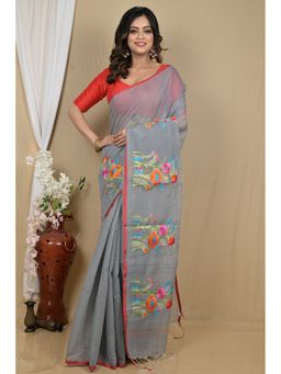 DipDiya - Grey Blended Cotton Embroidery Handloom Saree with Unstitched Blouse
