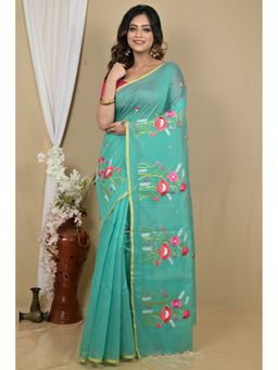 DipDiya - Sea Green Blended Cotton Embroidery Handloom Saree with Unstitched Blouse