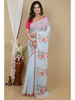DipDiya - Sky Blue Blended Cotton Embroidery Handloom Saree with Unstitched Blouse