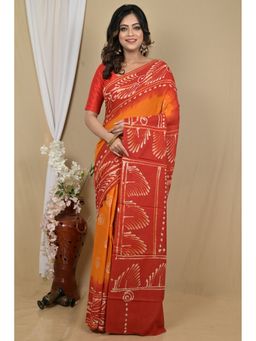 DipDiya - Mustard Yellow Pure Cotton Batik Print Saree with Unstitched Blouse