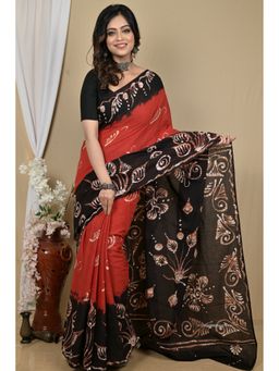 DipDiya - Brown Pure Cotton Traditional Bengali Batik Print Saree with Unstitched Blouse