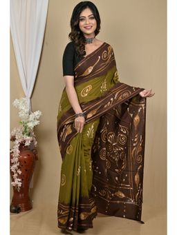 DipDiya - Pista Green Pure Cotton Traditional Bengali Batik Print Saree with Unstitched Blouse