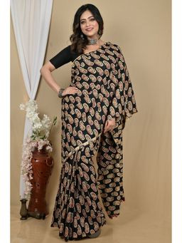 DipDiya - Black Pure Cotton Traditional Bengali Kalamkari Printed Saree with Unstitched Blouse