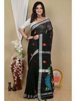DipDiya - Black Blended Cotton Embroidery Handloom Saree with Unstitched Blouse