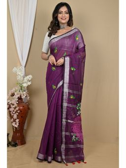 DipDiya - Purple Blended Cotton Embroidery Handloom Saree with Unstitched Blouse