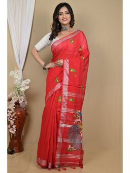 DipDiya - Red Blended Cotton Embroidery Handloom Saree with Unstitched Blouse
