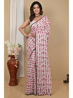 DipDiya - Achdik White Pure Cotton Traditional Bengali Kalamkari Printed Saree without Blouse