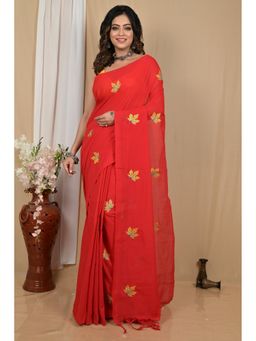 DipDiya - Achrun Red Pure Cotton Embroidery Handloom Saree with Unstitched Blouse
