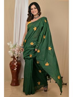 DipDiya - Achrun Dark Green Pure Cotton Embroidery Handloom Saree with Unstitched Blouse