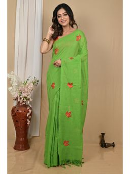 DipDiya - Achrun Green Pure Cotton Embroidery Handloom Saree with Unstitched Blouse