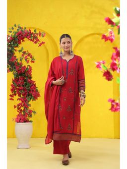 Scakhi - Brick Red Mulmul Embroidered Straight Kurta with Pant and Dupatta