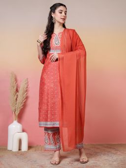 Jaipur Kurti - Orange Floral Embroidered Straight Cotton Blend Kurta with Pant and Dupatta