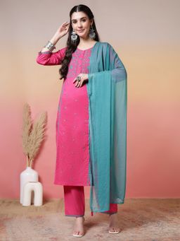 Jaipur Kurti - Pink Floral Embroidered Pure Cotton Kurta with Pant and Dupatta