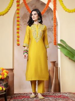 Jaipur Kurti - Yellow Floral Embroidered Straight Viscose Rayon Kurta and Pant