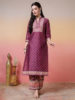 Jaipur Kurti - Purple Block Printed Straight Kurta and Pant