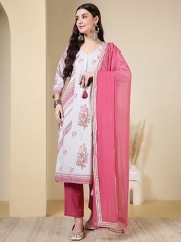 Jaipur Kurti - Pink Floral Printed Straight Kurta with Pant and Dupatta