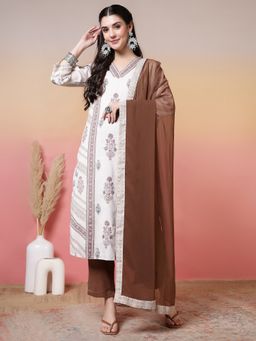 Jaipur Kurti - Beige Block Printed Straight Kurta with Pant and Dupatta