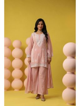 Scakhi - Pink Mulmul Chikankari Embroidery Kurti with Palazzo and Dupatta